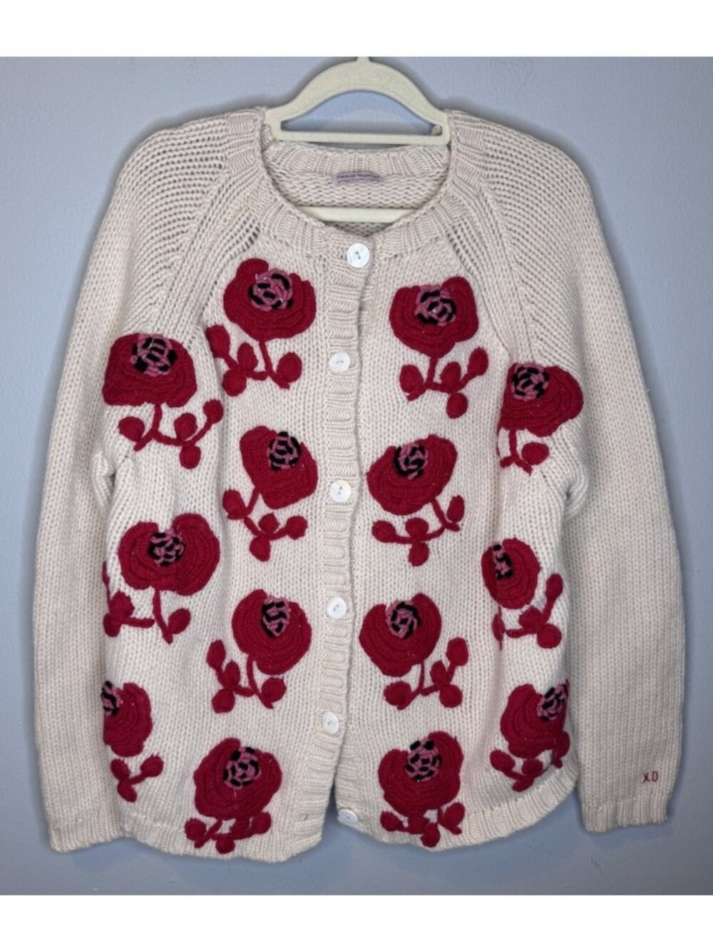 Frances Valentine Lambswool Sweater Medium Women’s Floral Embroidered Knit Rose